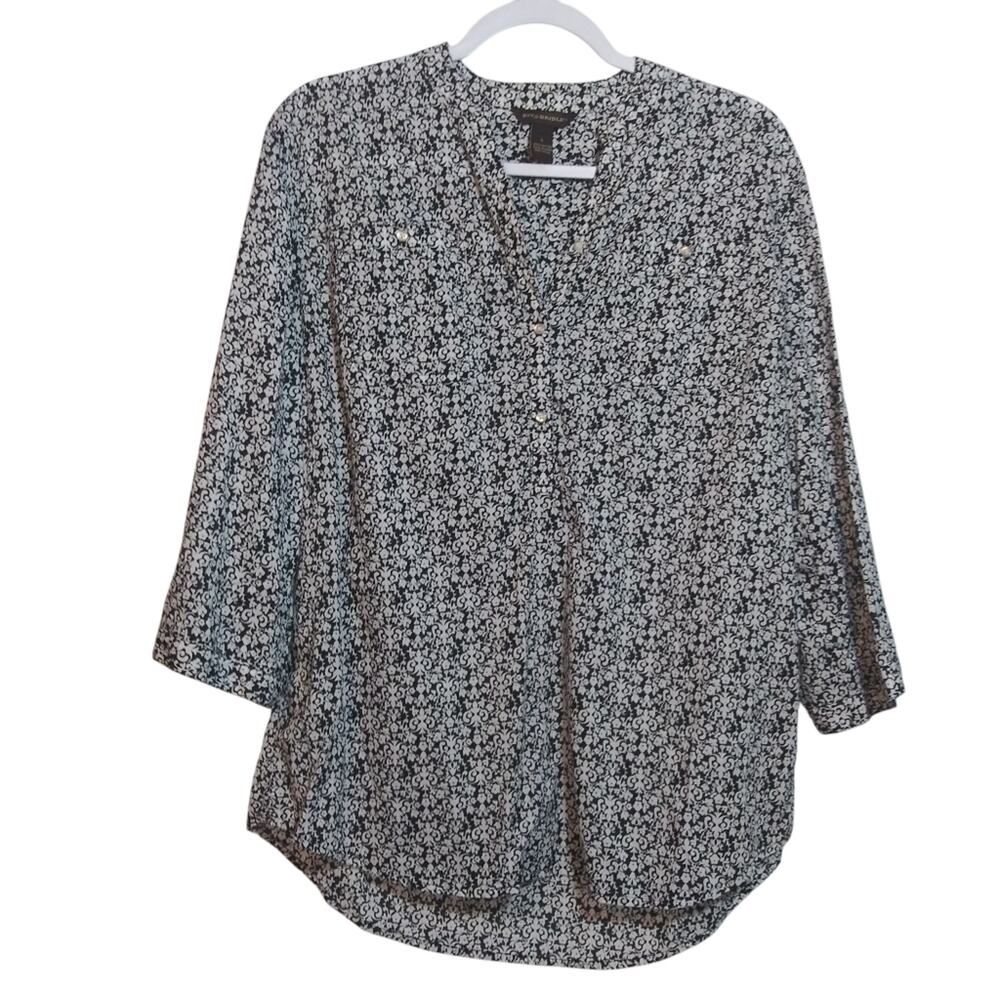 Bit & Brindle Floral Black and White Cotton Western Casual 3/4 Sleeve Top Sz L